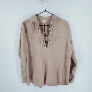 KIT Lace Up Tunic Top Womens L Tan Cotton Linen Blend Roll Tab Sleeve Good